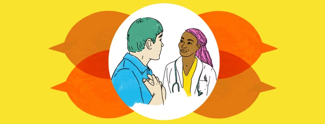 A patient and doctor talk inside a bubble as angry speech bubbles surround them