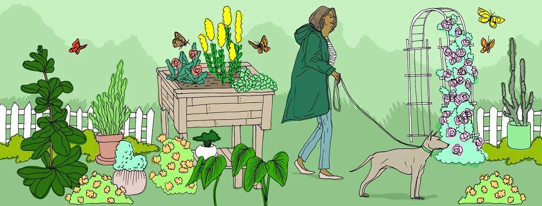 A woman walks her dog through a garden