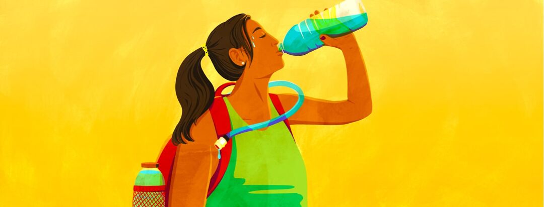 A woman wearing a hydration pack sweats and drinks from a water bottle.